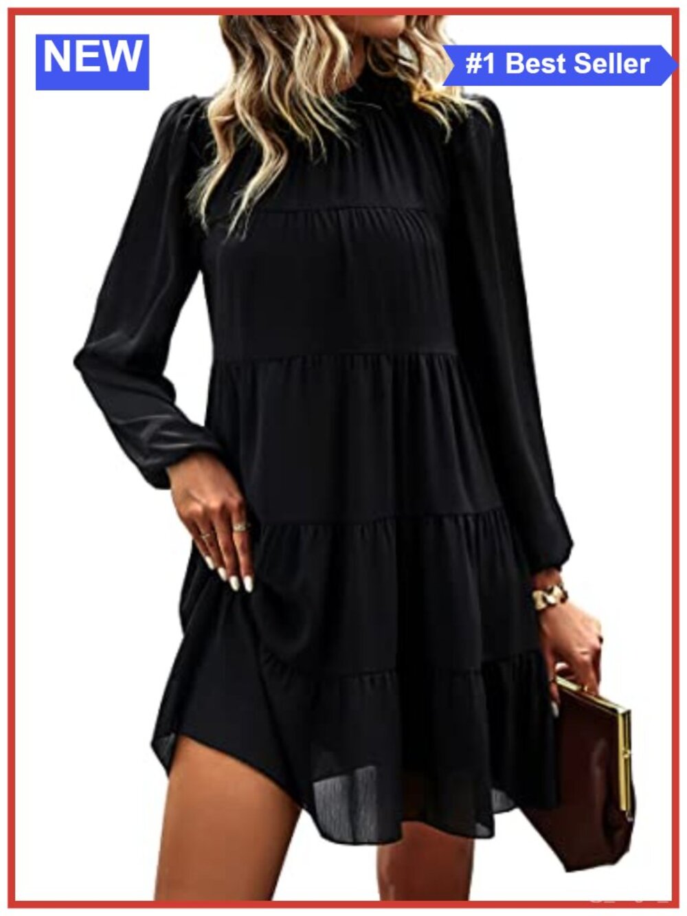 Women's Babydoll Dress Long Sleeve Mock Neck Ruffle Swing Mini Dress
